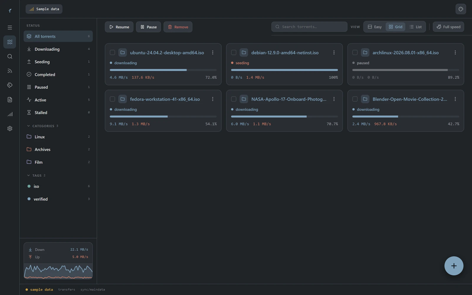 rigseed showing the same transfers in its own interface: a sidebar of status filters, cards for each torrent, and a live speed graph.