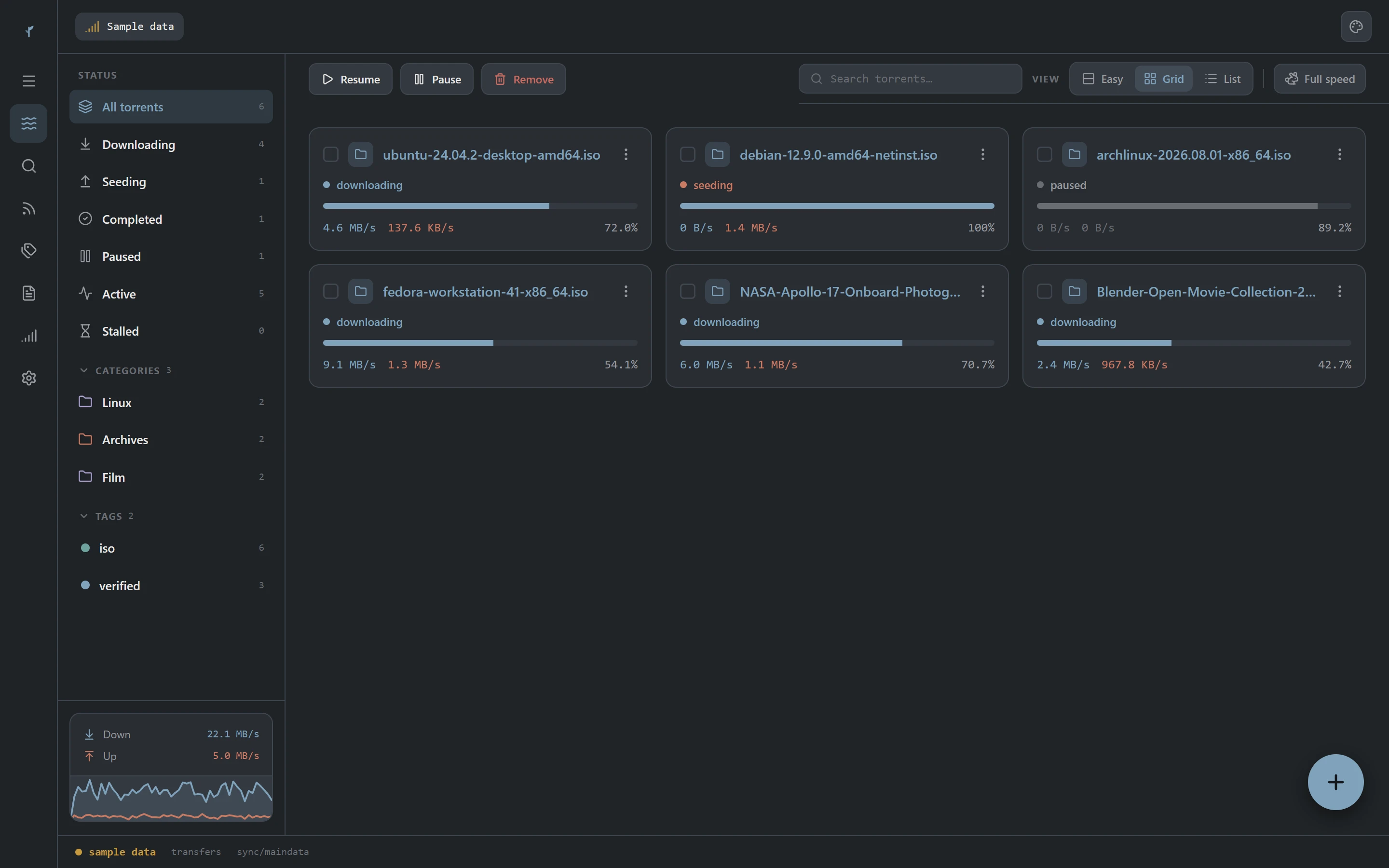 rigseed showing six torrents in grid view, with a sidebar of status filters, categories and tags, and a live download and upload graph.